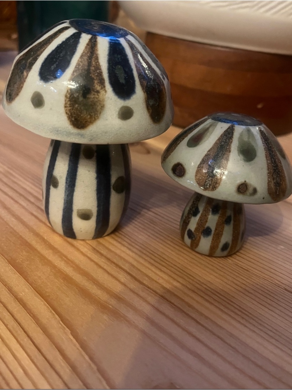 Handpainted Ceramic Mushroom Set in Cream, Blue & Brown - artist Ken Edwards